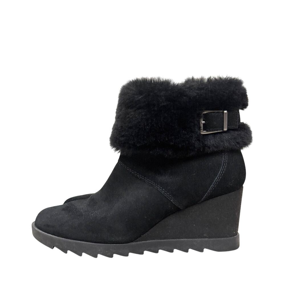 Koolaburra Womens 9.5 Black Faux Fur Suede Leather Wedge Ankle Boot Casual